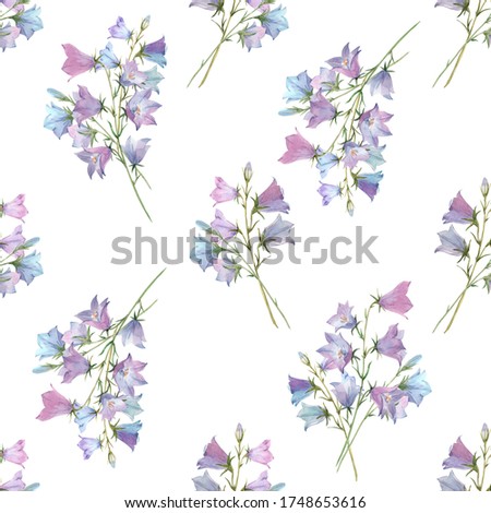 Beautiful seamless pattern with watercolor gentle bluebell flowers. Stock illustration.