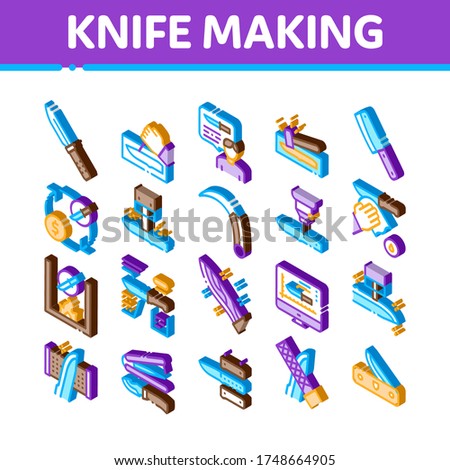 Knife Making Utensil Collection Icons Set Vector. Sharpening And Machine Knife Making, Sizes On Web Site And Characteristics Isometric Illustrations