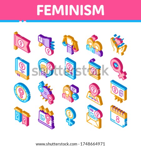 Feminism Woman Power Collection Icons Set Vector. Feminism Symbol On Flag And Gps Mark, Lesbians And Hand Hold Scales, Equality And Love Isometric Illustrations
