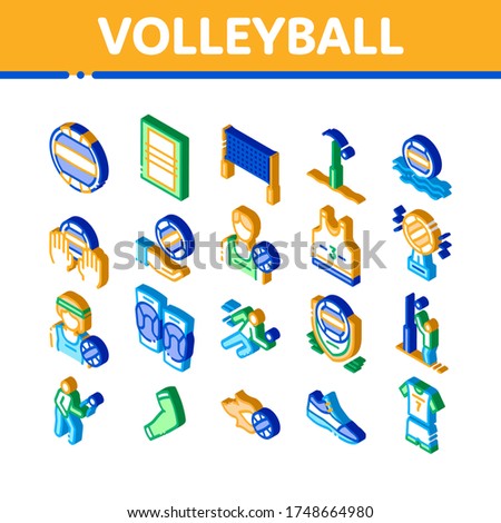 Volleyball Sport Game Collection Icons Set Vector. Volleyball Ball In Water And Grid, Athlete Equipment And Sneaker Isometric Illustrations