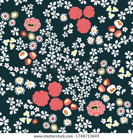 Roses and wildflowers on black background. Seamless print with flowers. Vintage collection. Template for textile design, cards, wallpapers, gift wrappings.