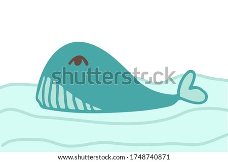 Hand drawing pretty blue whale in the ocean design. Vector illustration design for fashion fabrics, textile graphics, prints. Black stroke isolated on white.