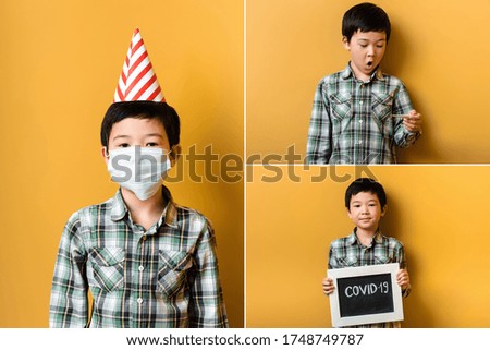 collage with asian boy in party cone and medical mask, holding sign and looking at thermometeron yellow during covid-19 epidemic