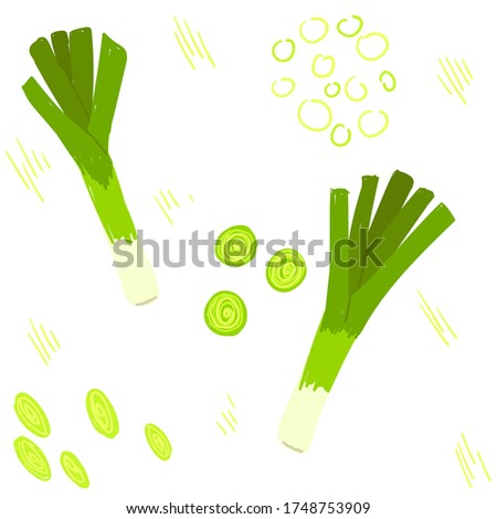 Leek vector illustration pattern. Leak feathers, whole leek root, sections, pieces, leek onion rings set for design Royalty-Free Stock Photo #1748753909
