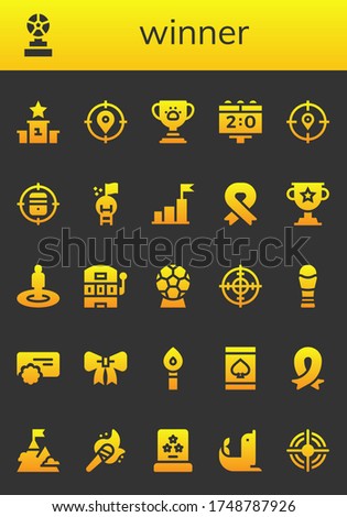 Modern Simple Set of winner Vector filled Icons. Contains such as Podium, Trophy, Target, Scoreboard, Goal, Ribbon, Slot machine and more Fully Editable and Pixel Perfect icons.