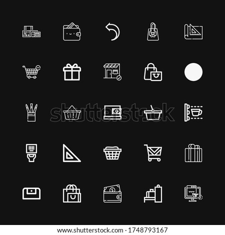 Editable 25 shopping icons for web and mobile. Set of shopping included icons line Web, Scanner, Wallet, Shopping bag, Purse, Gift, cart, Basket, Set square on black background