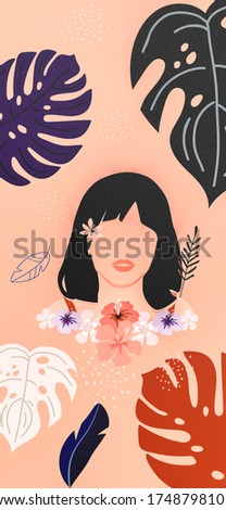 abstract creative backgrounds in minimal trendy neutral color style with women face portrait in one line with botanical flower leaf background - design templates for social media stories