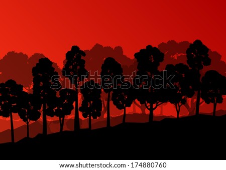 Forest trees silhouettes natural wild landscape detailed illustration background vector