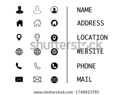 Business card, finance and communication icons. Contact information symbols.