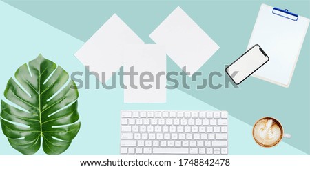 Phone keyboard, coffee cup, paper and Big green monstera palm.Can be used as a background or for business use.