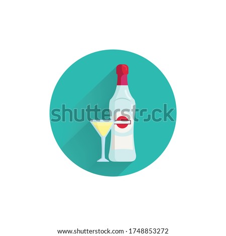 Martini bottle with glass colorful flat icon with long shadow. Martini flat icon