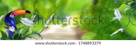 Edited image with leaves, flowers and birds on green background