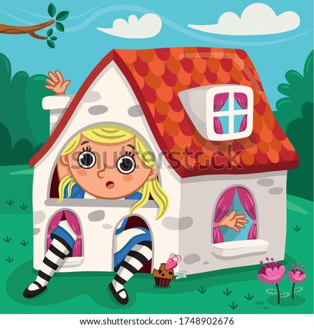 Alice is sitting in a cute tiny house. Vector illustration.