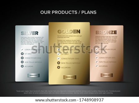 Product cards features schema template - gold, silver, bronze membership Royalty-Free Stock Photo #1748908937