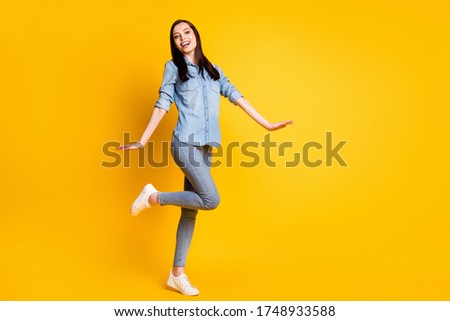 Full length photo of candid charming girl enjoy spring rest relax wear good look clothes shoes isolated over shine color background