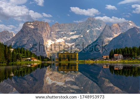 view of Misurina village, National Park Tre Cime di Lavaredo, ,Lake Misurina, Dolomite, Italy