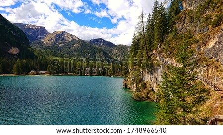A view from the east coast of the pragser wildsee a small mountain lake located in the heart of the dolomites in the pragser valley in South Tyrol/Italy

The picture was taken in the north direction.