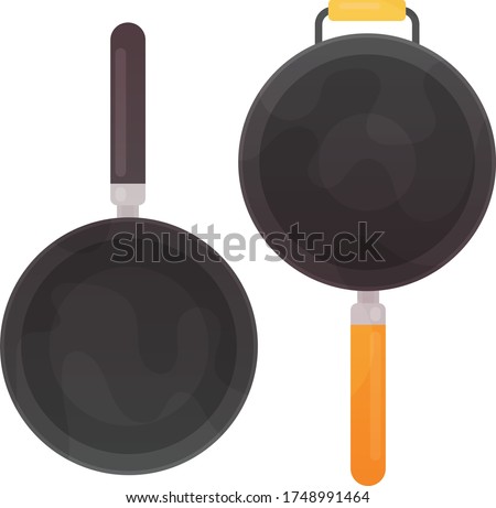 Empty frying pan and wok, top view isolated on white background.