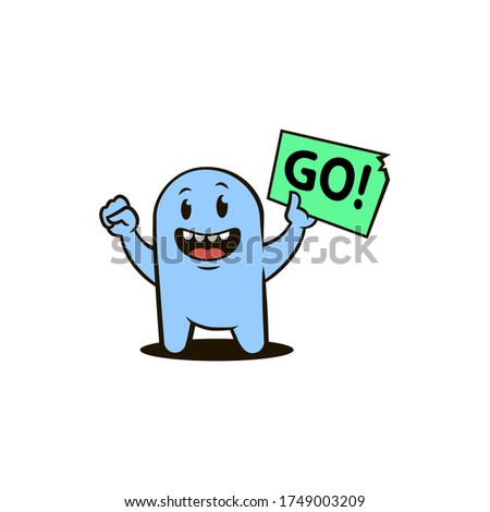 flat art color illustration of a happy blue cartoon character with a poster with the word Go in hand