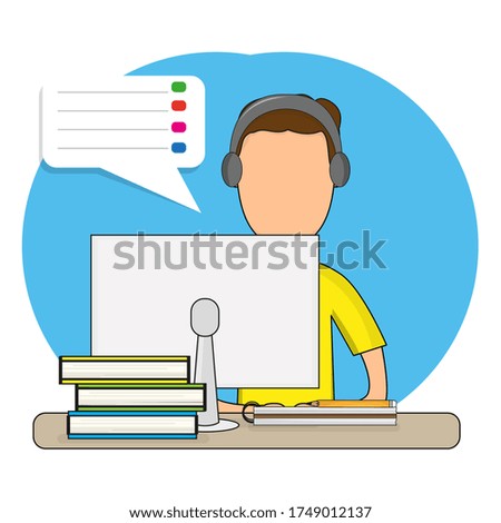 Young man studying in home. Online class. Self-learning - Vector illustration
