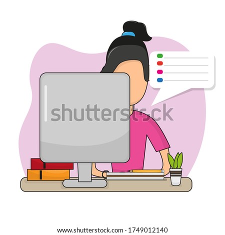 Young woman studying in home. Online class. Self-learning - Vector illustration