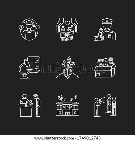 Human support chalk white icons set on black background. Student loan for college graduate. Help war veteran, Social service. Food bank. Humanitarian aid. Isolated vector chalkboard illustrations