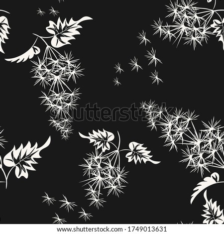Vector seamless floral pattern. Elegant abstract monochrome botanical background with randomly scattered flower silhouettes, leaves. Simple black and white texture. Dark repeated design for decor