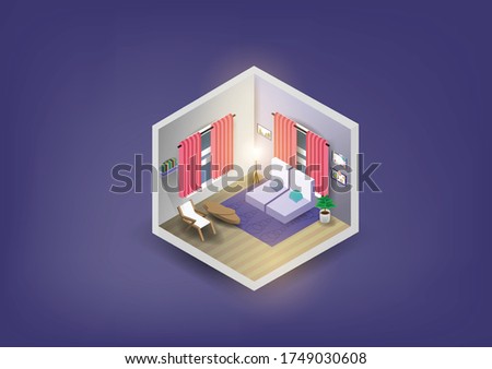 Isometric interior composition of single bedroom with queen bed furniture and two windows in separate walls vector illustration.isometric living room icon