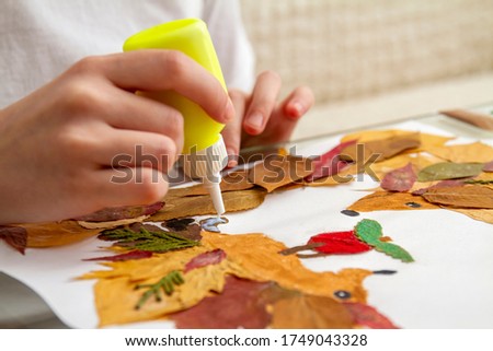 Girl makes an application from dry leaves. Children applique on the autumn theme. Hedgehogs and apple. Selective focus