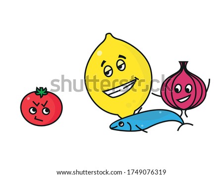 Icon Set: Tomato, Lemon, Onion, anchovies