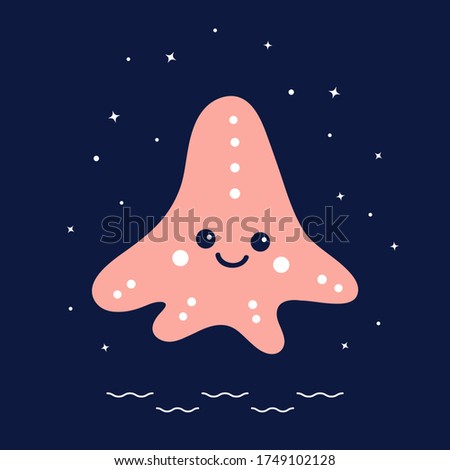 Cute starfish, waves and stars. Dark blue background. Vector illustration