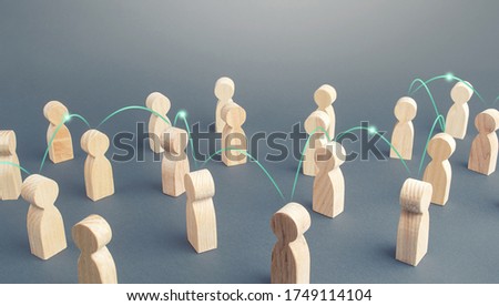 A chain of people connected by lines in a crowd. Transmission of news information and rumors spread. Social science relationships. Teamwork. Cooperation and collaboration. Distribution and expansion Royalty-Free Stock Photo #1749114104