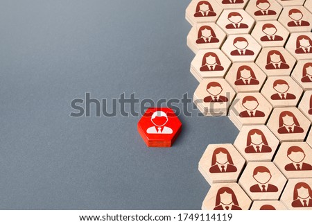 Red person is outside of order system. Refusal to participate, withdrawal in protest. Exit project, dismissal from work. Cooperation and collaboration, teamwork. Strength in unity. Candidate selection Royalty-Free Stock Photo #1749114119