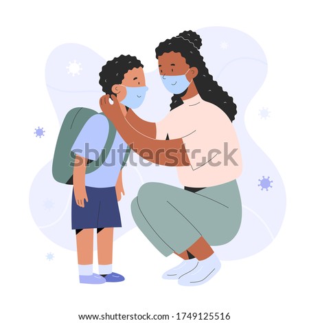 Mother putting on face mask on her child boy for protection against coronavirus infection, cartoon realistic characters, covid prevention, parent showing how to put on a mask, vector illustration