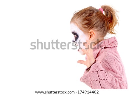 little girl painted as a panda bear isolated in white