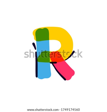 R letter logo handwritten with a multicolor felt-tip pen. Perfect vector icon for kids design, interior print, cute labels, etc.