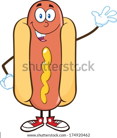 Happy Hot Dog Cartoon Mascot Character Waving. Vector Illustration Isolated on white