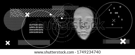 Artificial or machine intelligence concept. 3D silhouette of human head extruded from lines looking like graph of a function. Generative computer art. Royalty-Free Stock Photo #1749234740