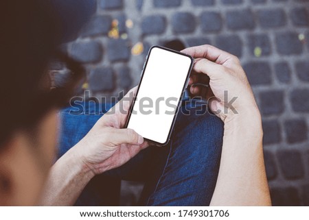 cell phone mockup image blank white screen.woman hand holding texting using mobile.background empty space for advertise.work people contact marketing business,technology