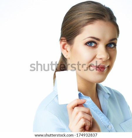 Close up face business woman isolated white background. Credit card.