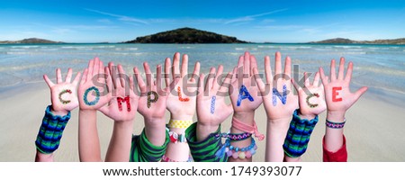 Children Hands Building Word Compliance, Ocean Background