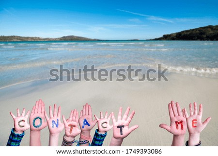 Children Hands Building Word Contact Me, Ocean Background