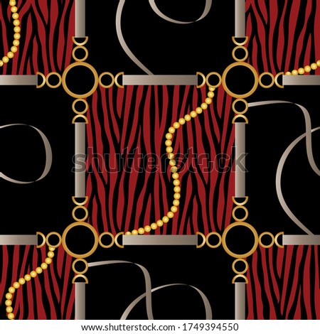 Seamless Golden Baroque Chains with Zebra Pattern.Vector design for Fashion Prints Textile Backgrounds.