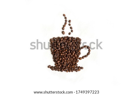 Coffee cup and steam made from beans, grain. Isolated on white background.