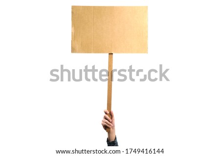 Woman holding a blank placard mock up on wood stick to put the text at protesting, isolated on white background. Royalty-Free Stock Photo #1749416144