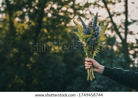 Male hand holding a bouquet of midsummer themed flowers. Fern, lupine and other meadow flowers with golden backlighting from the Sun, creating bokeh bubbles. Shallow depth of field. Dark, moody tones Royalty-Free Stock Photo #1749458744