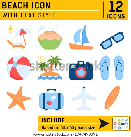 Set of flat travel and vacation vector icons. Palm tree, sailing ship, beach ball, camera, surfing board, plane, sunglasses, suitcase, drink, starfish and sunbed. Based 64x64 pixels size. EPS file