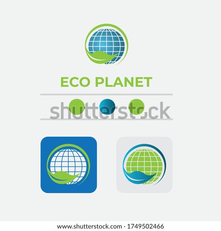 eco planet Logo, environmental protection Sign, Blue and green earth, globe and branch with leaves, ecosystem. Vector illustration Eps10