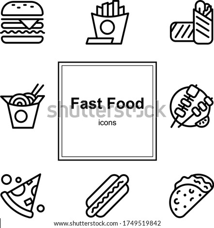 Icon set. Junk food. Bad lifestyle. Icons on the theme of fast food. Food of different nations. The vector illustration has a burger, french fries, burrito, wok noodles, barbecue, pizza, hot dog, taco