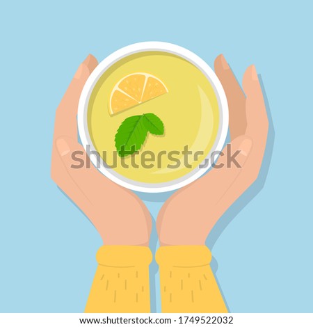 Hands holding cup of green tea with a lemon top view vector isolated. Aroma beverage, morning drink.